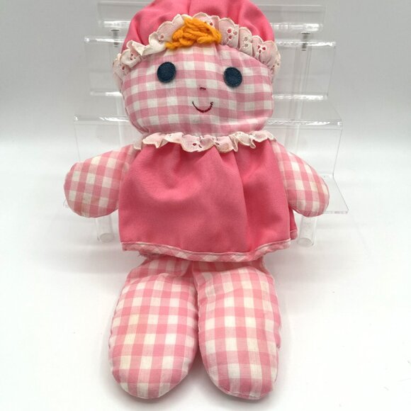 Vintage Fisher Price Cholly Dolly Blue White Checkered Boy Doll Rattle 1977 12” - Picture 1 of 12